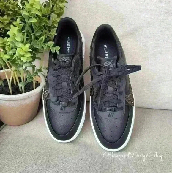 Womens Bling Nike Air Force 1 PLT.AF.ORM Black White Shoes Custom with Crystals - Picture 4 of 10